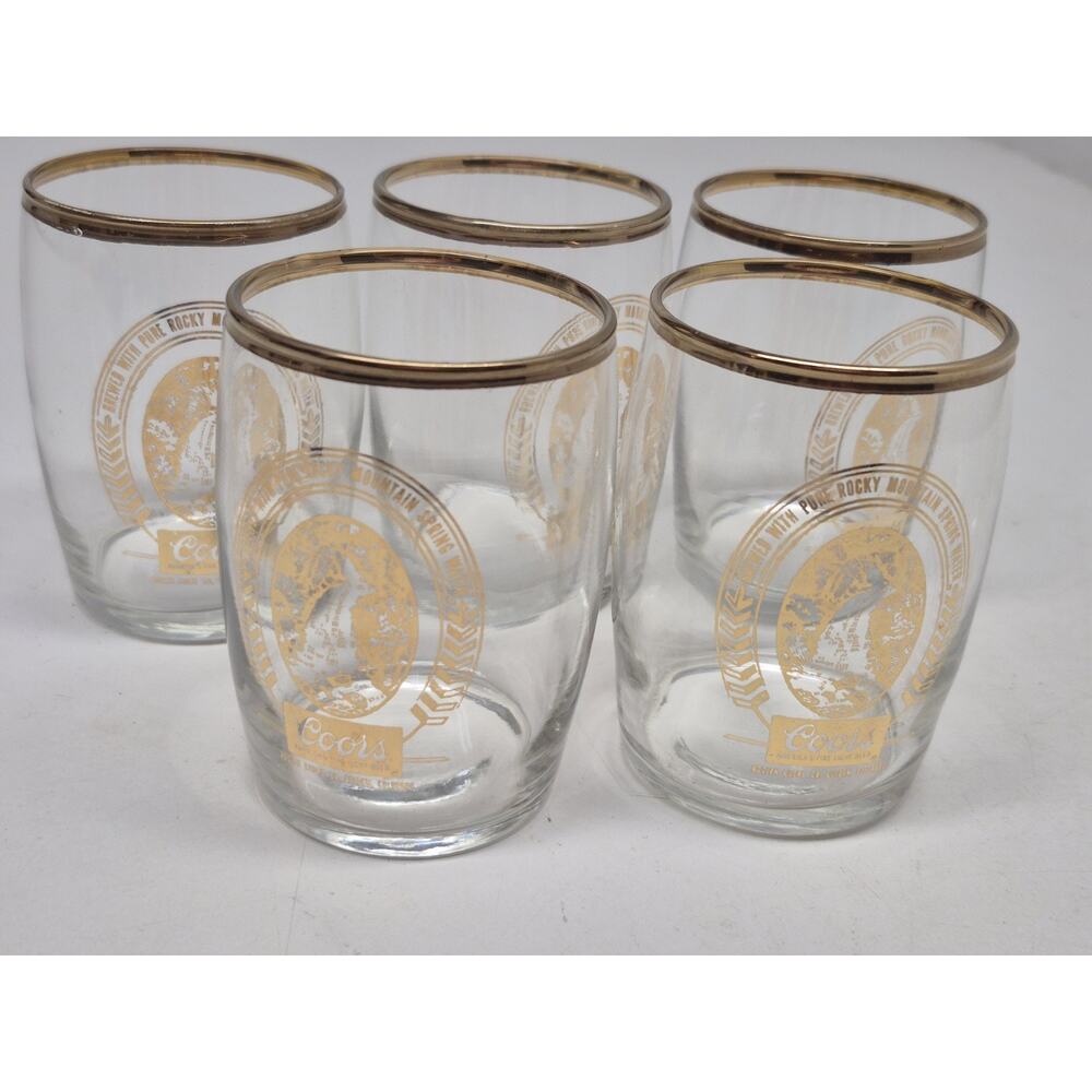 Vintage COORS Beer Barrel Gold Rim Small 5 Oz. Chaser Tasting Glasses set of 5